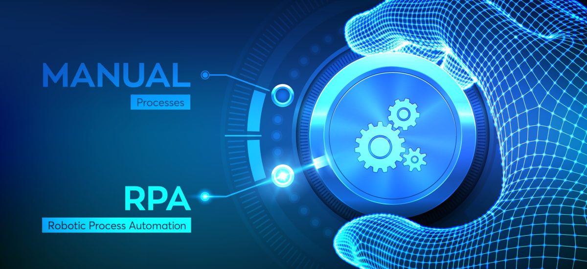 RPA Robotic process automation innovation technology concept. Wireframe hand turning a knob and selecting RPA mode. Intelligent system automation. AI. Artificial intelligence. Vector illustration